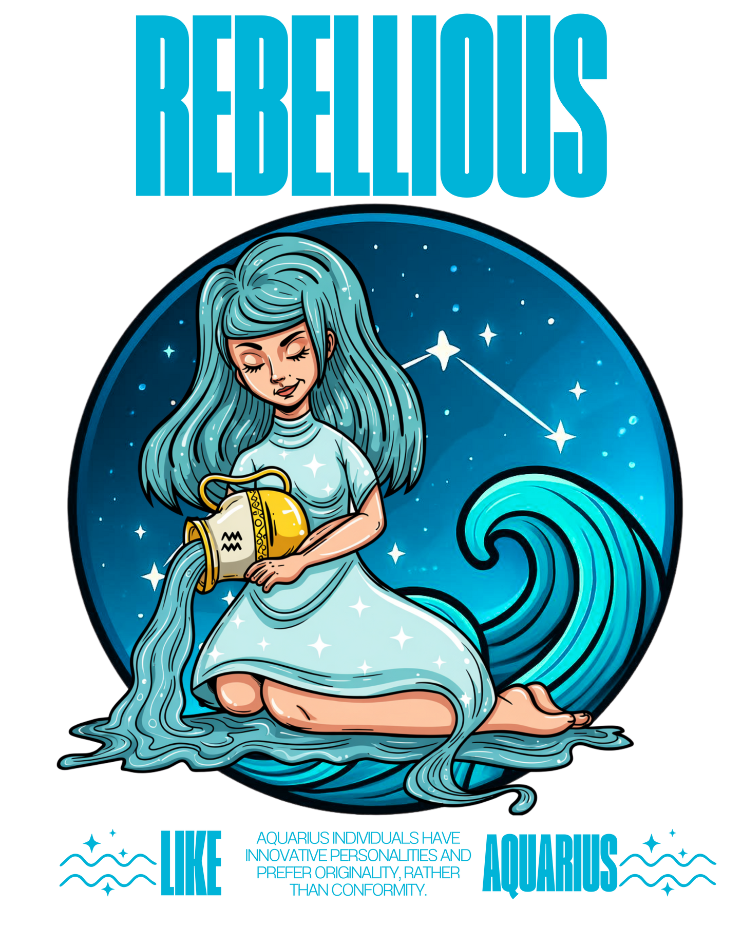 Mermaid with blue hair and tail holding a lantern against a starry night sky, with 'Aquarius' text above.