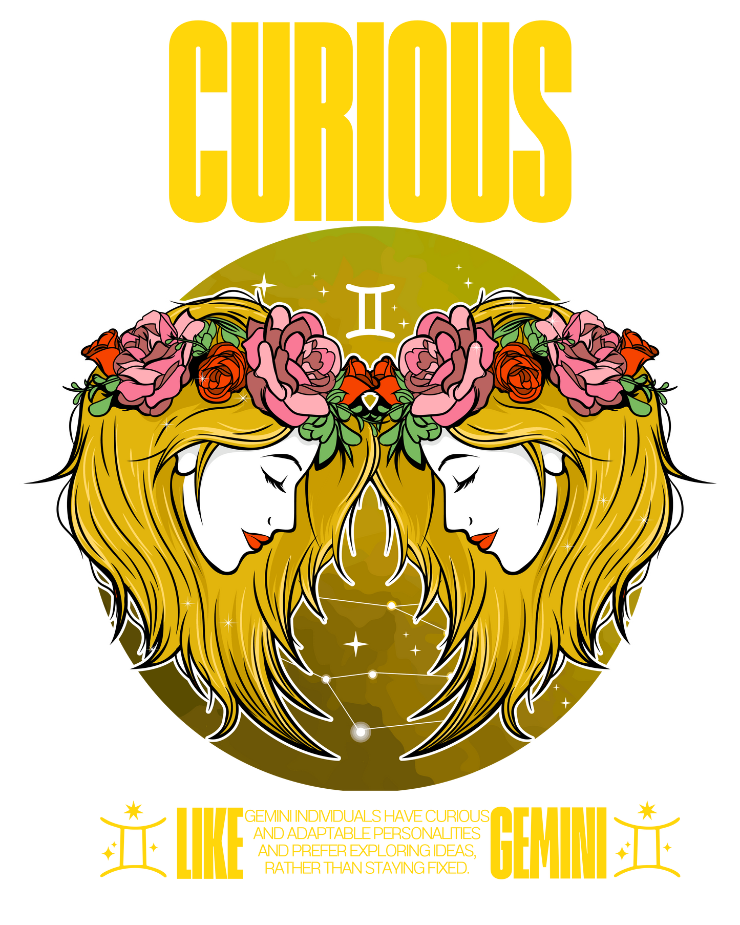 Illustration of Gemini with floral hair decorations and 'Curious' text on a white background