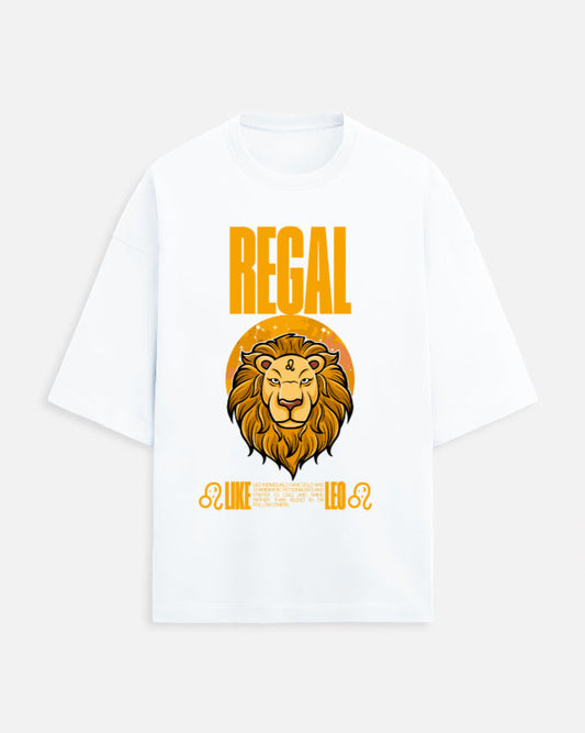 White t-shirt with a lion graphic and 'REGAL' text on a white background