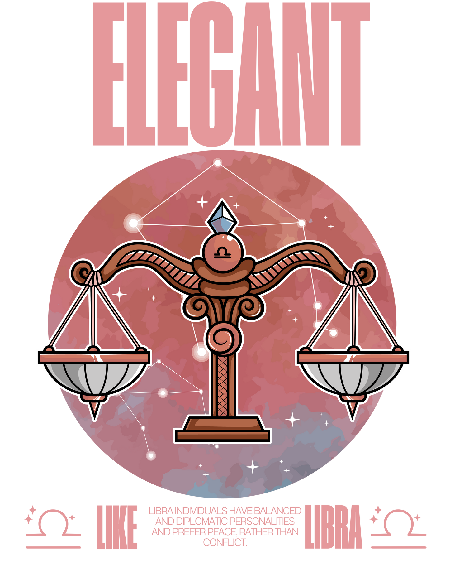 Libra zodiac sign with 'Elegant' text on a pink and purple gradient background