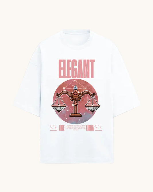 White t-shirt with Libra zodiac design and 'Elegant' text on a white background