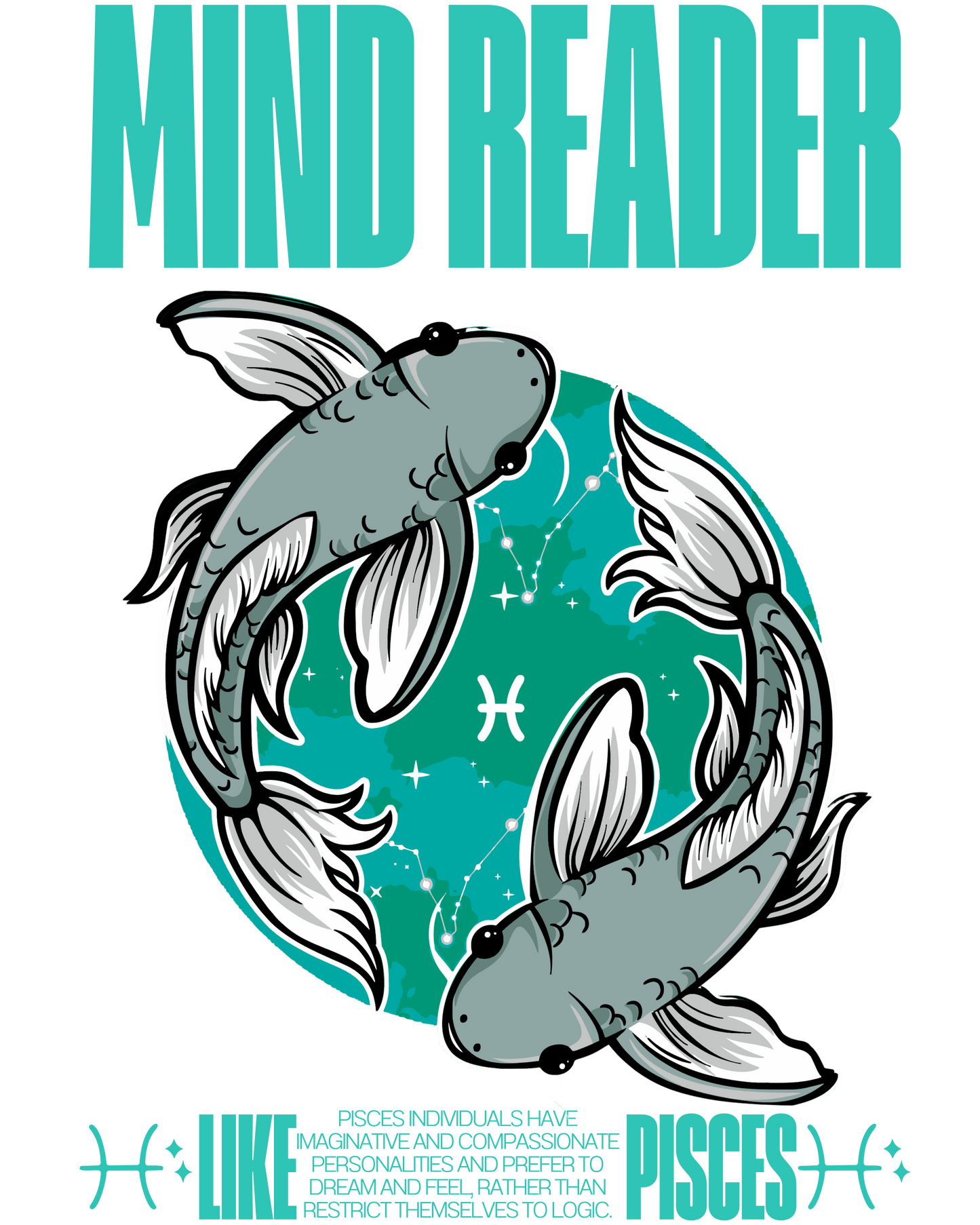 Design with two fish and text 'Mind Reader' on a teal background