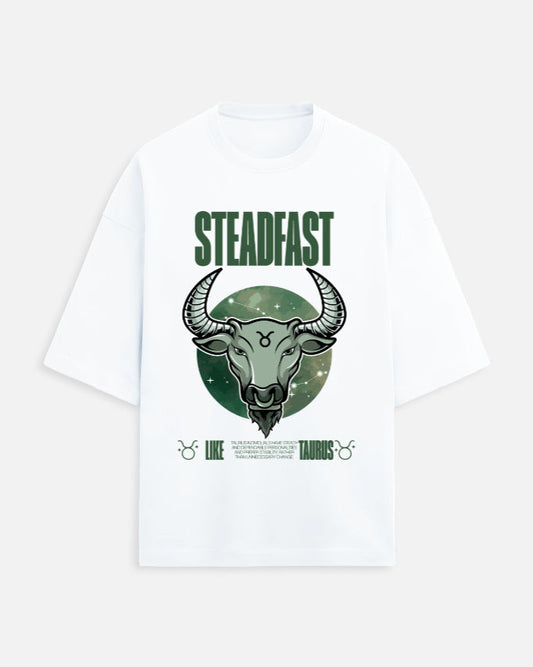 White t-shirt with a graphic design of a bull and the word 'Steadfast' on a white background