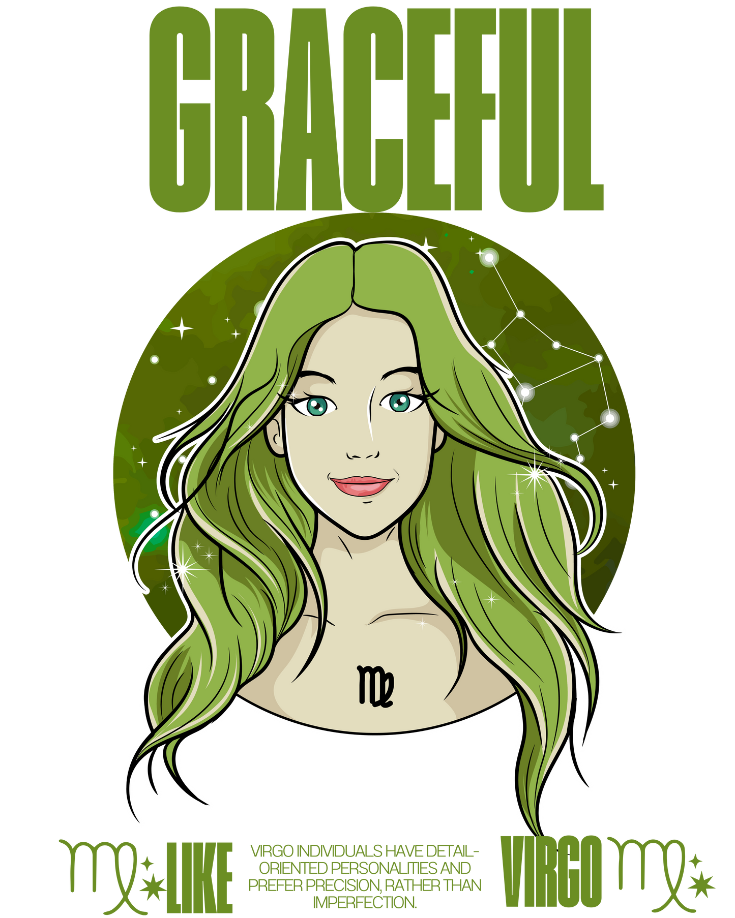 Illustration of a woman with green hair and a logo in the background