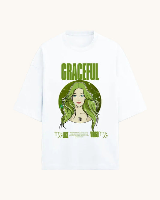 White t-shirt with a graphic design of a woman with green hair and the word 'GRACEFUL' on a white background