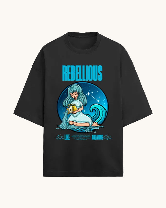 Black t-shirt with a graphic design featuring a woman holding a fruit, titled 'Rebellious', on a white background.