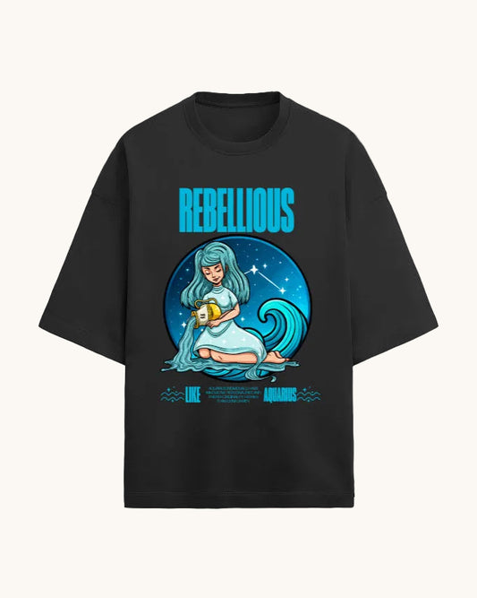 Black t-shirt with a graphic design featuring a woman holding a fruit, titled 'Rebellious', on a white background.