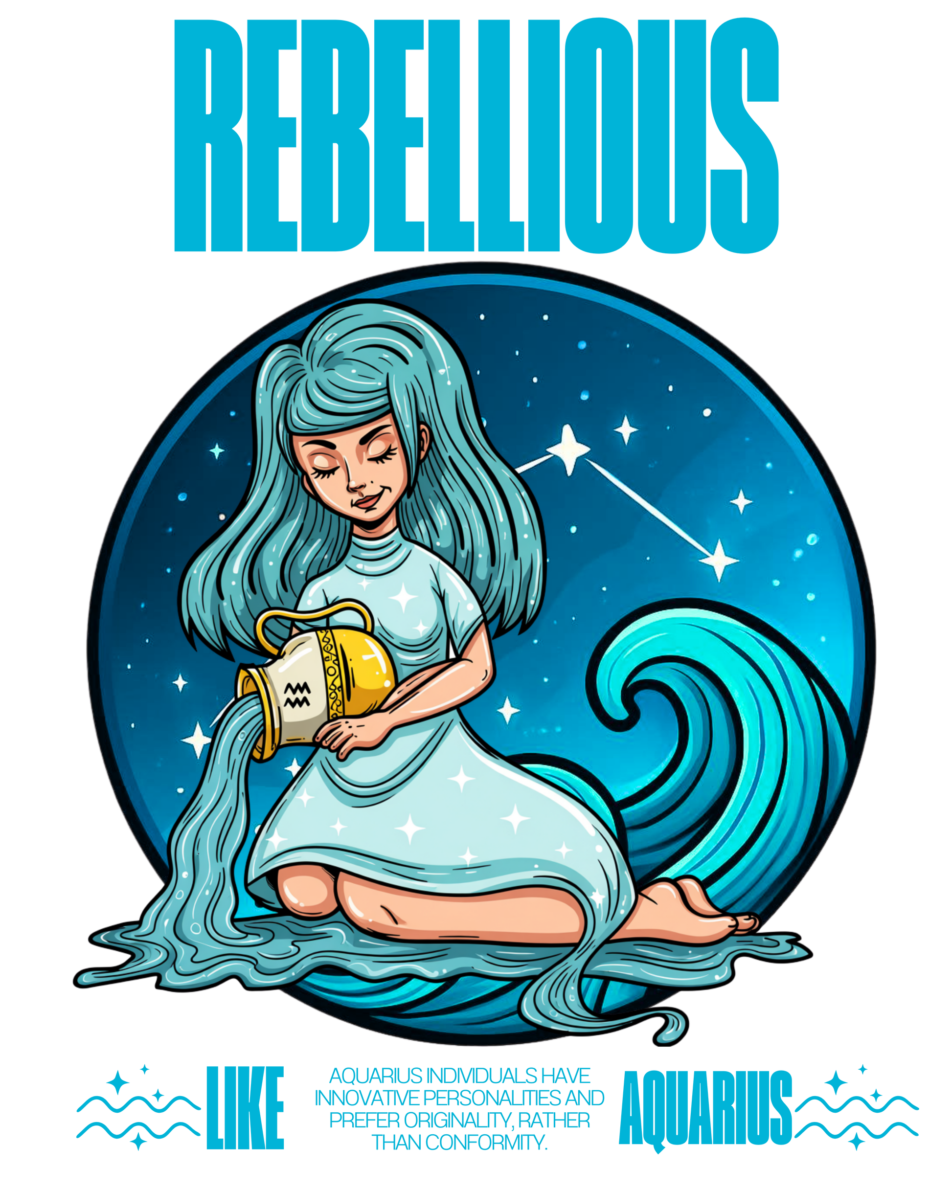 Mermaid with blue hair and tail holding a lantern against a starry night sky, with 'Aquarius' text above.