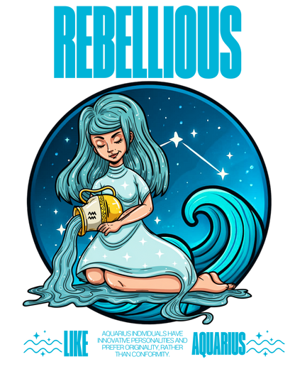 Mermaid with blue hair and tail holding a lantern against a starry night sky, with 'Aquarius' text above.