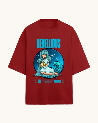 Red t-shirt with a graphic design featuring a woman and text on a white background