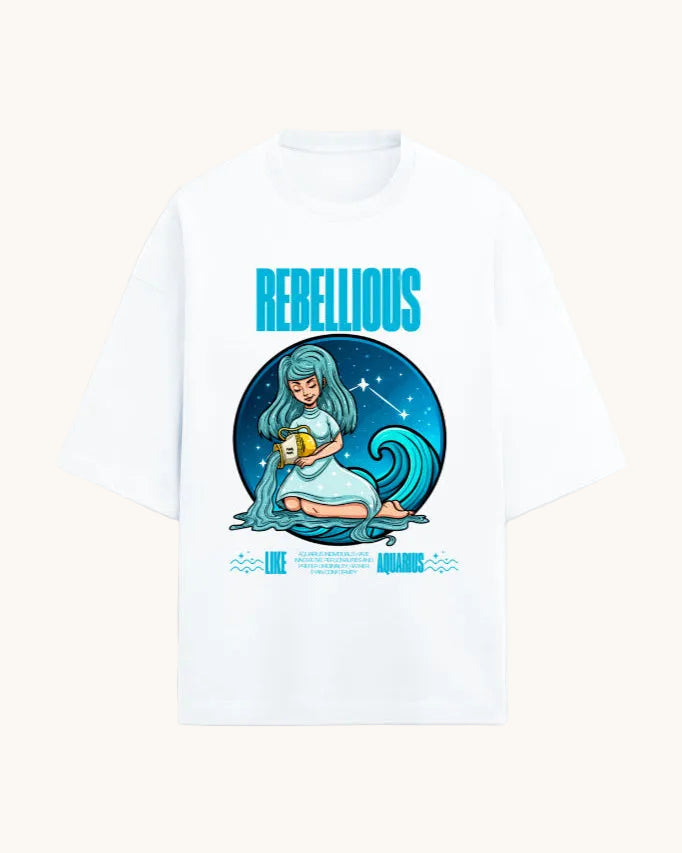 White t-shirt with a graphic design featuring a woman, a wave, and the word 'REBELLIOUS' on a white background.