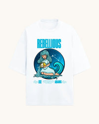 White t-shirt with a graphic design featuring a woman, a wave, and the word 'REBELLIOUS' on a white background.