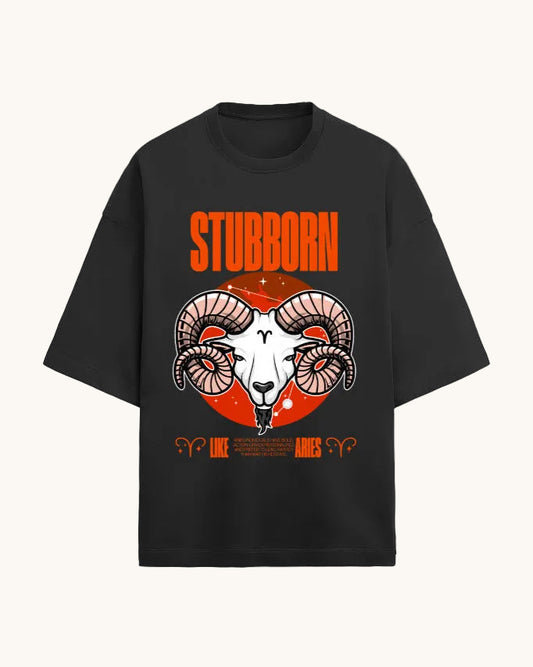 Black t-shirt with a graphic of a ram's head and the word 'Stubborn' on a white background