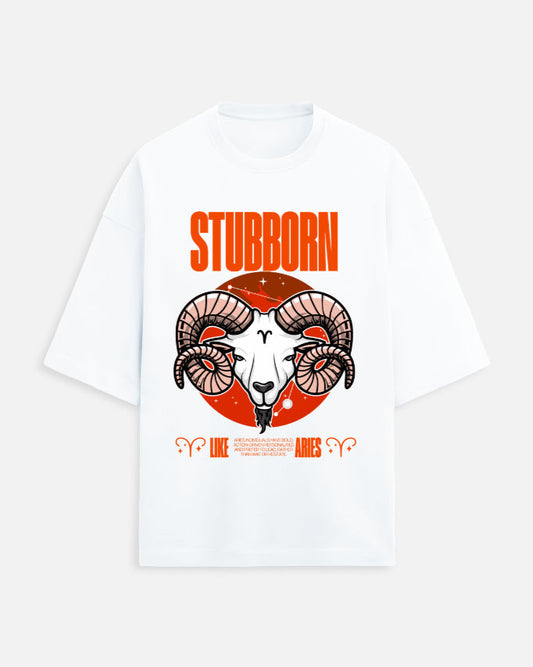 White t-shirt with a graphic of a ram's head and the word 'Stubborn' on a white background