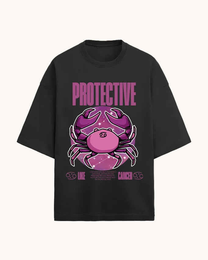 Black t-shirt with pink and purple crab graphic and 'PROTECTIVE' text on a white background