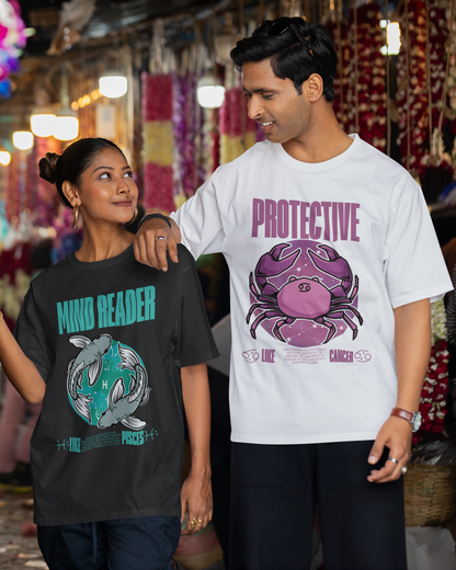 Two people walking through a market with colorful decorations and merchandise.
