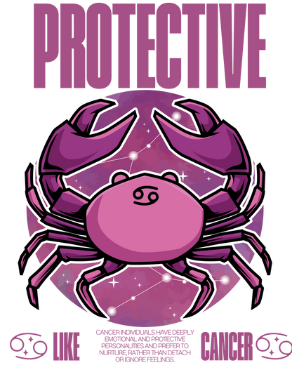 Purple crab illustration with 'Protective Like Cancer' text on a white background