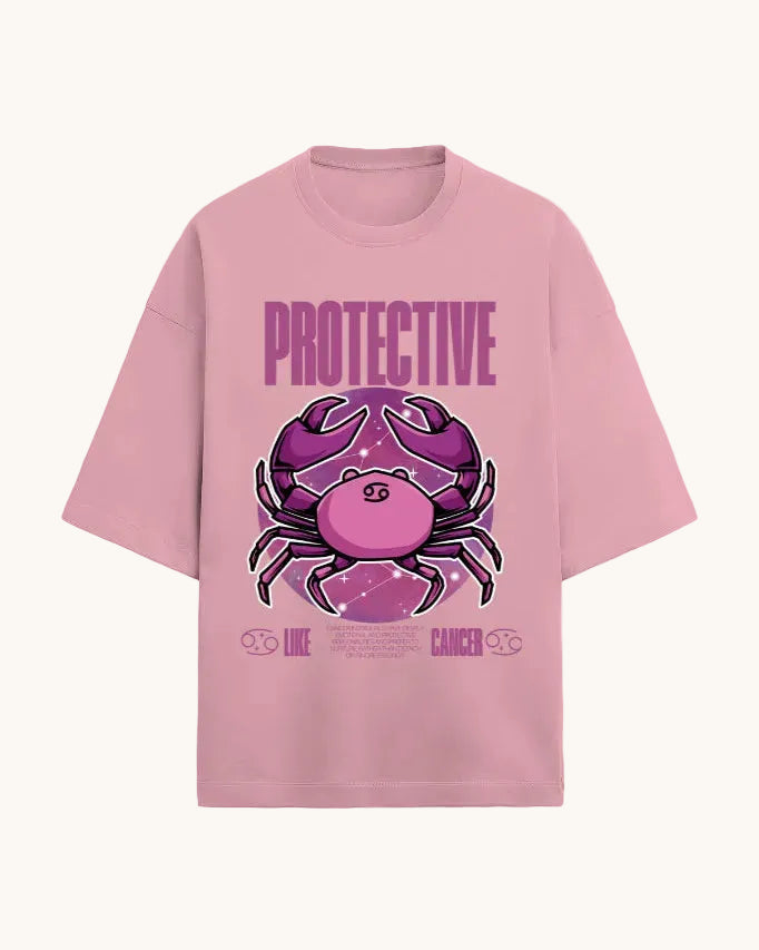 Pink t-shirt with a purple crab graphic and 'PROTECTIVE' text on a white background