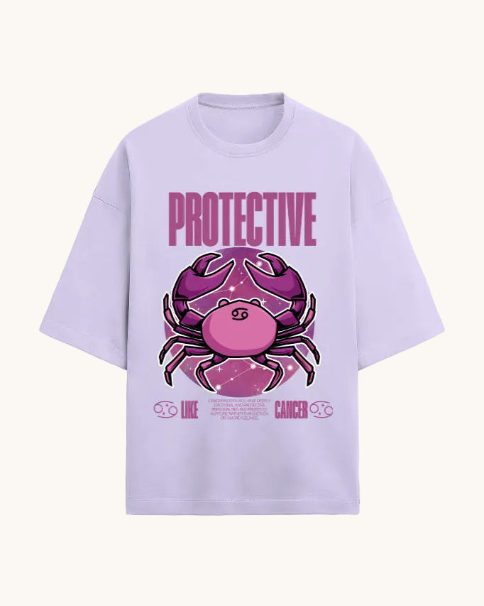 Lavender t-shirt with pink crab graphic and 'Protective' text on a white background