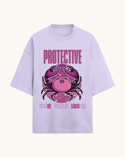 Lavender t-shirt with pink crab graphic and 'Protective' text on a white background