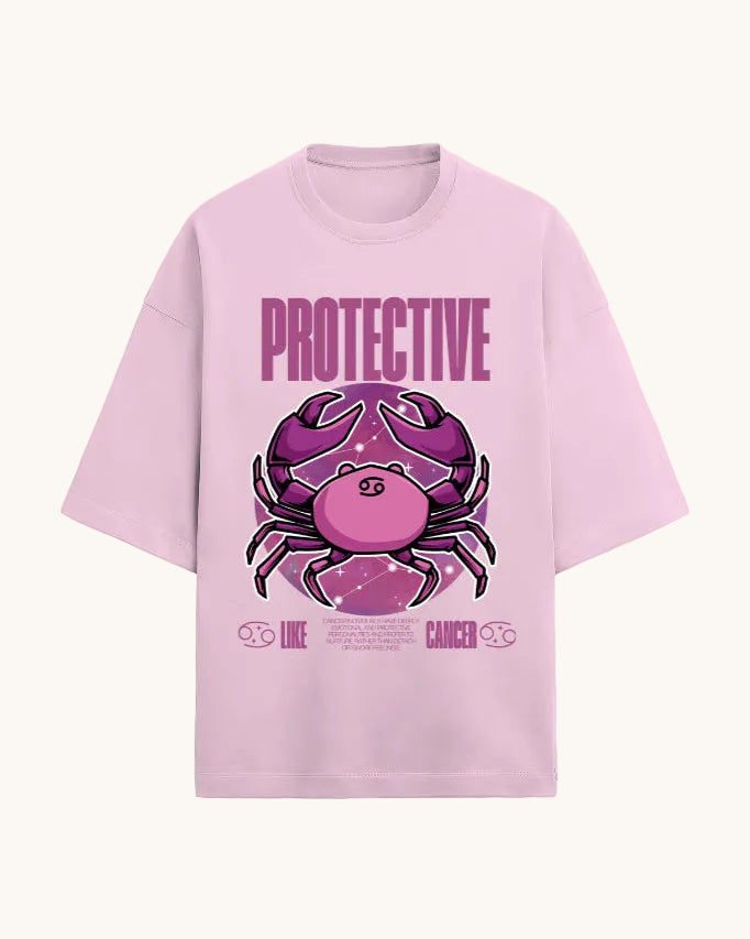 Pink t-shirt with a purple crab graphic and 'PROTECTIVE' text on a white background