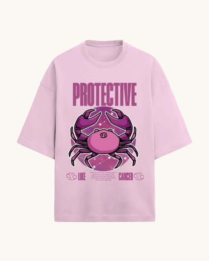 Pink t-shirt with a purple crab graphic and 'PROTECTIVE' text on a white background