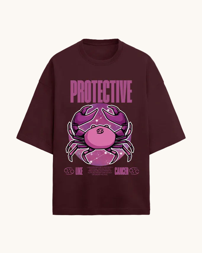 Maroon t-shirt with pink crab graphic and 'Protective' text on a white background