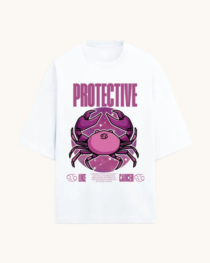 White t-shirt with a purple crab graphic and 'PROTECTIVE' text on a white background