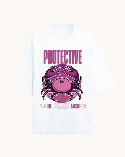 White t-shirt with a purple crab graphic and 'PROTECTIVE' text on a white background