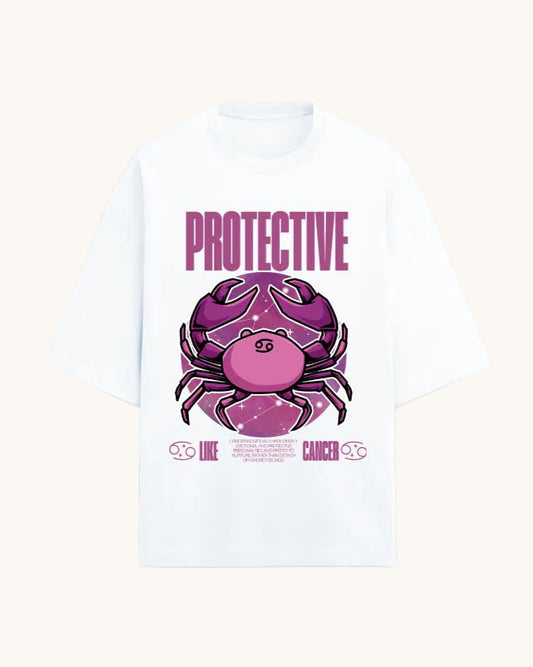 White t-shirt with a purple crab graphic and 'PROTECTIVE' text on a white background