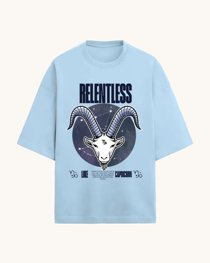 Light blue t-shirt with Capricorn zodiac design and 'RELENTLESS' text on a white background