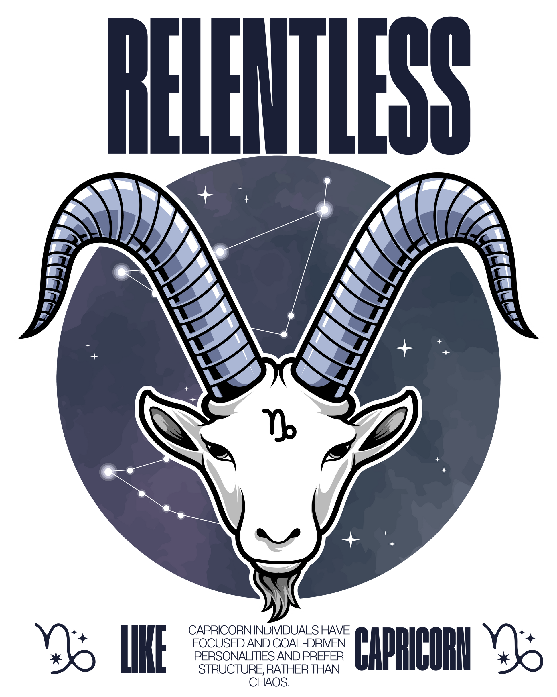 Capricorn zodiac sign illustration with 'RELENTLESS' text and star constellation background.
