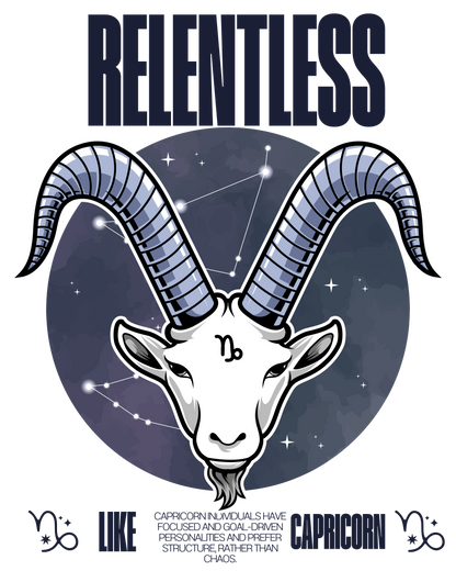 Capricorn zodiac sign illustration with 'RELENTLESS' text and star constellation background.