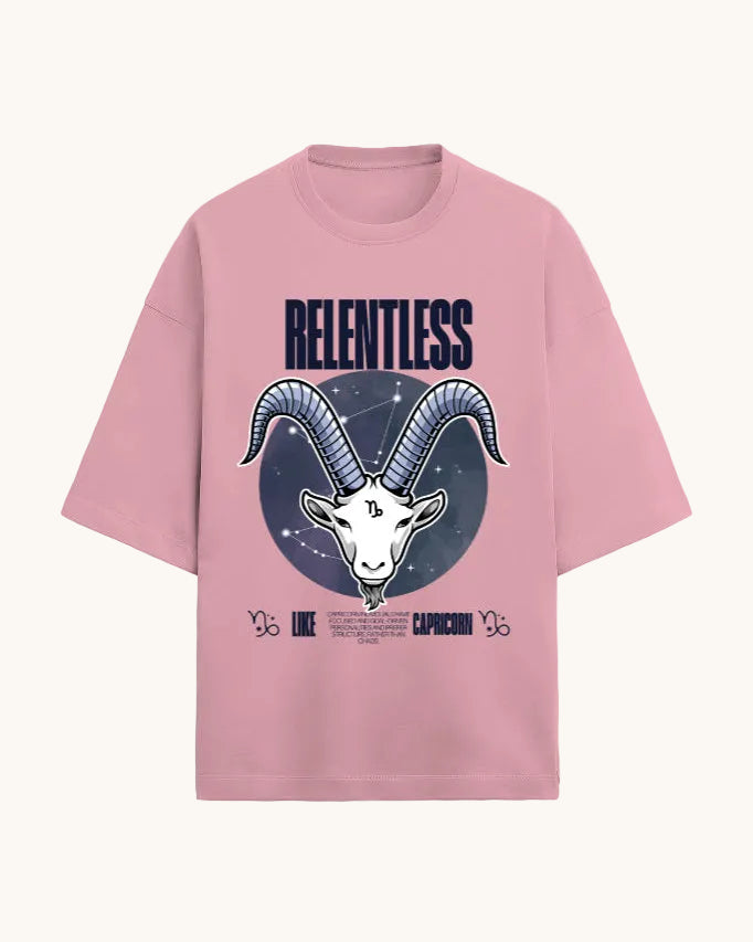 Pink t-shirt with Capricorn zodiac design and 'RELENTLESS' text on a white background