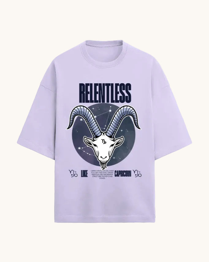 Lavender t-shirt with Capricorn zodiac design and 'Relentless' text on a white background
