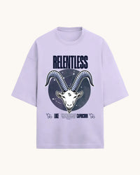 Lavender t-shirt with Capricorn zodiac design and 'Relentless' text on a white background