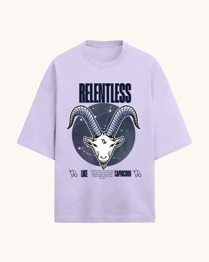 Lavender t-shirt with Capricorn zodiac design and 'Relentless' text on a white background