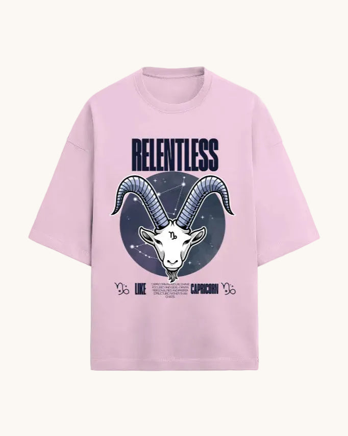 Pink t-shirt with Capricorn zodiac design and 'Relentless' text on a white background