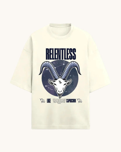 Beige t-shirt with Capricorn zodiac design and 'RELENTLESS' text on a white background
