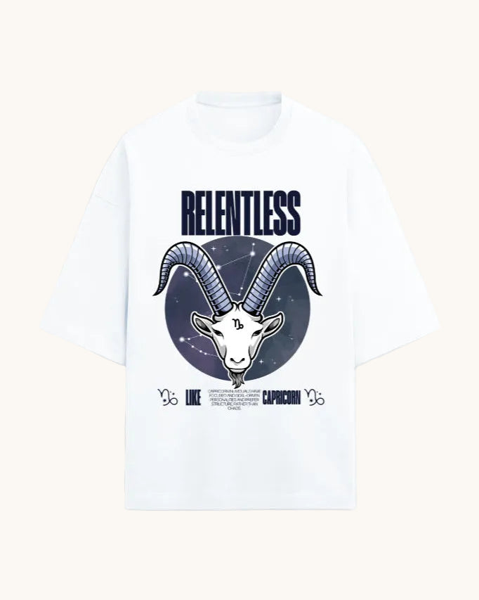 White t-shirt with Capricorn zodiac design and 'Relentless' text on a white background