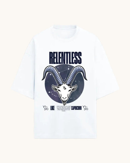 White t-shirt with Capricorn zodiac design and 'Relentless' text on a white background