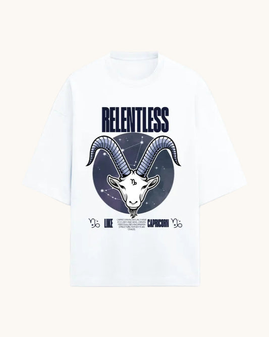White t-shirt with Capricorn zodiac design and 'Relentless' text on a white background