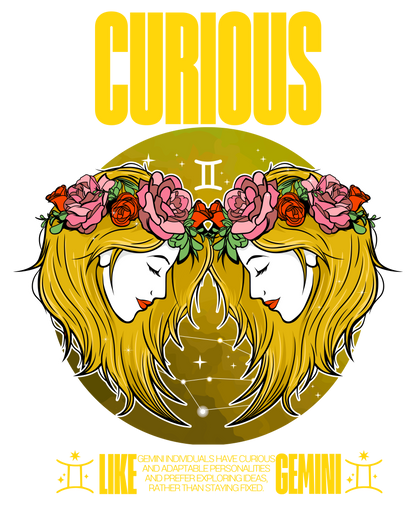 Illustration of Gemini with floral hair decorations and 'Curious' text on a white background