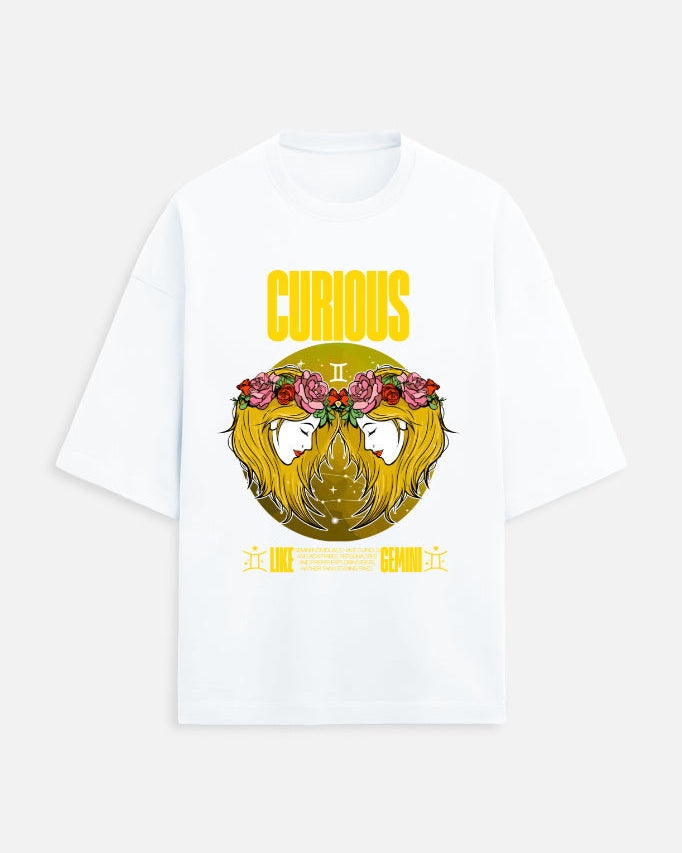 White t-shirt with a graphic design featuring a face with flowers and the word 'Curious' on a white background.