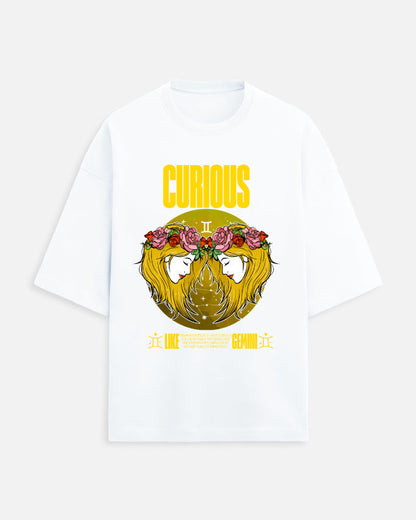 White t-shirt with a graphic design featuring a face with flowers and the word 'Curious' on a white background.
