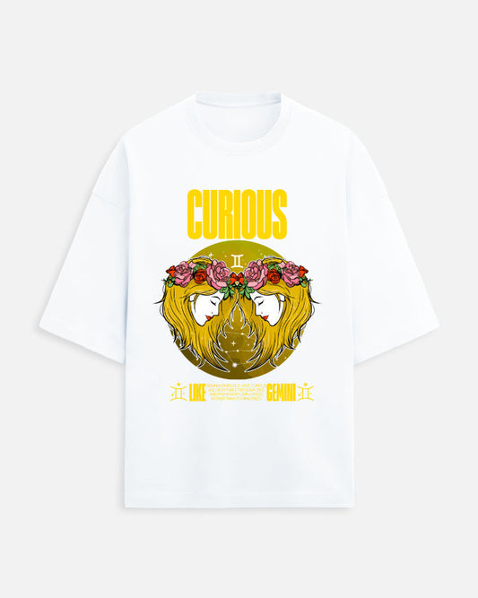 White t-shirt with a graphic design featuring a face with flowers and the word 'Curious' on a white background.