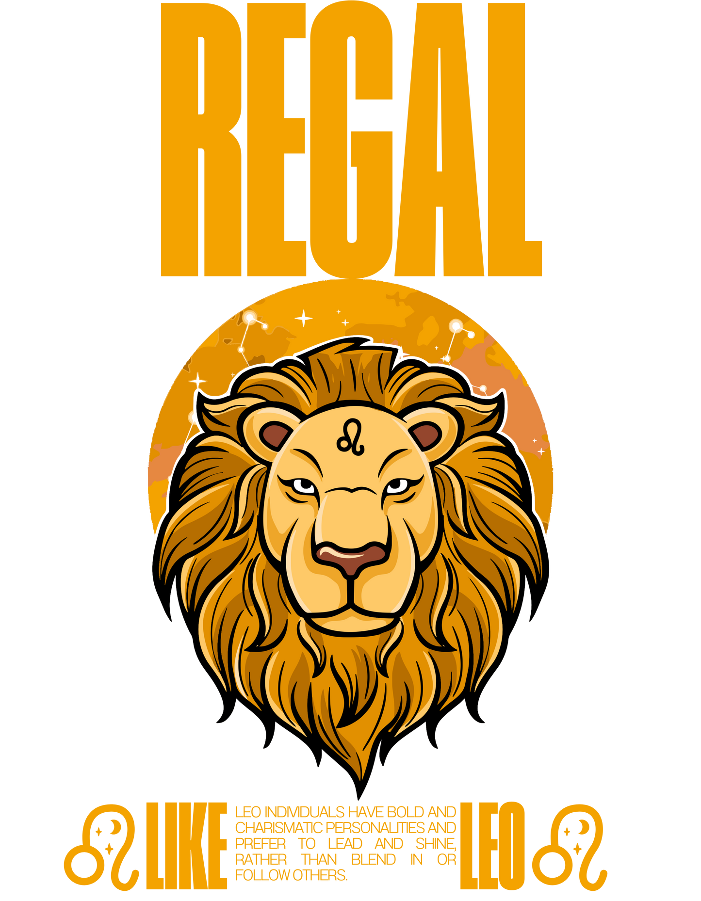 Lion head with 'REGAL' text and Leo zodiac symbol on a white background