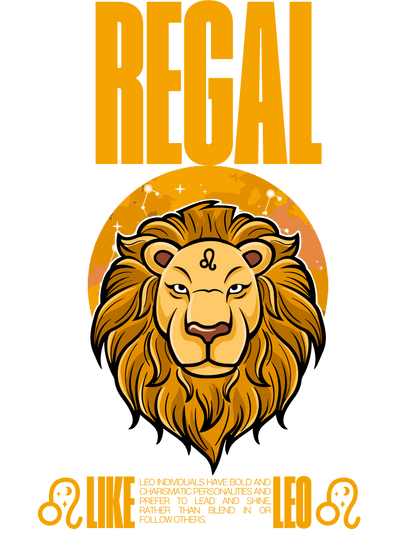 Lion head with 'REGAL' text and Leo zodiac symbol on a white background