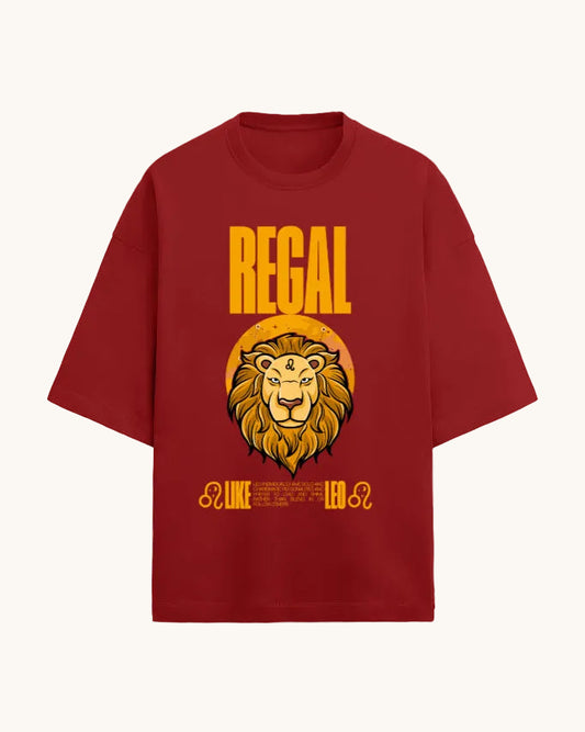 Red t-shirt with a lion graphic and 'Regal Like A Lion' text on a white background