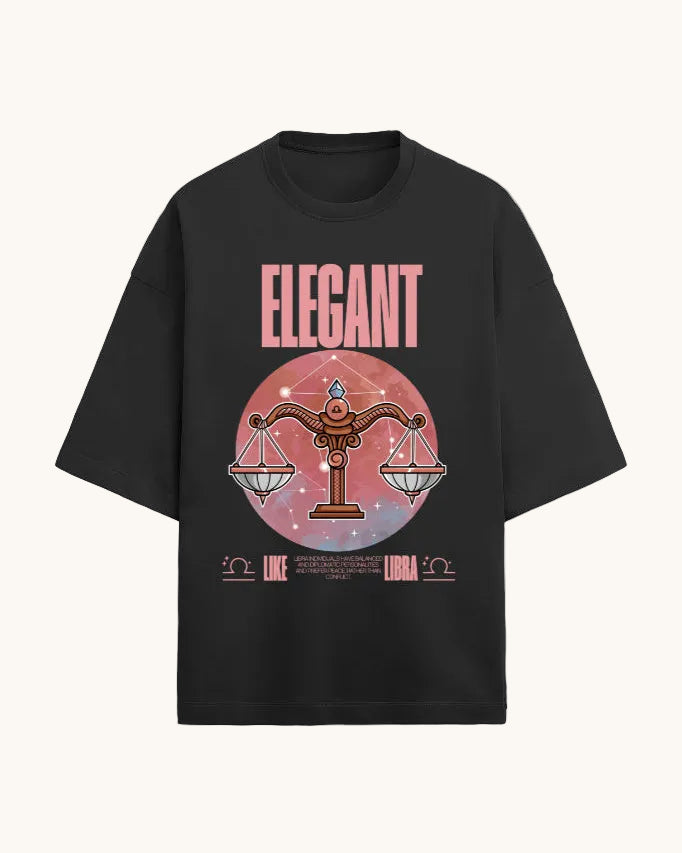 Black t-shirt with 'Elegant' design featuring a celestial theme on a white background
